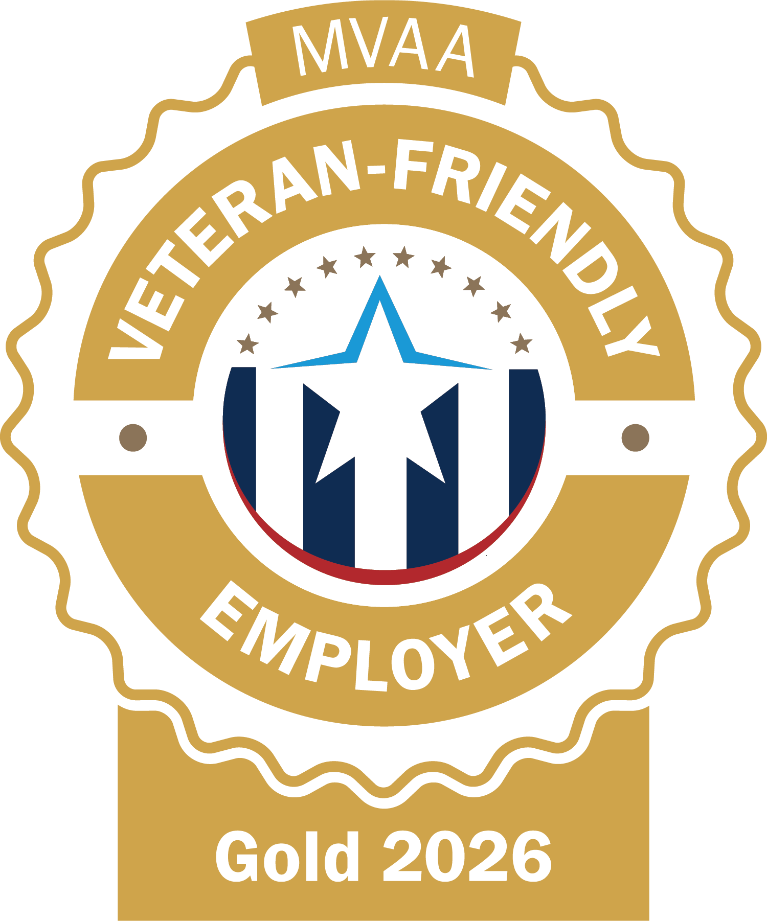 Gold circle badge logo with rising star in front of stripes in the middle with text Michigan Veteran’s Affairs Agency 2026 Veteran Friendly Employer.